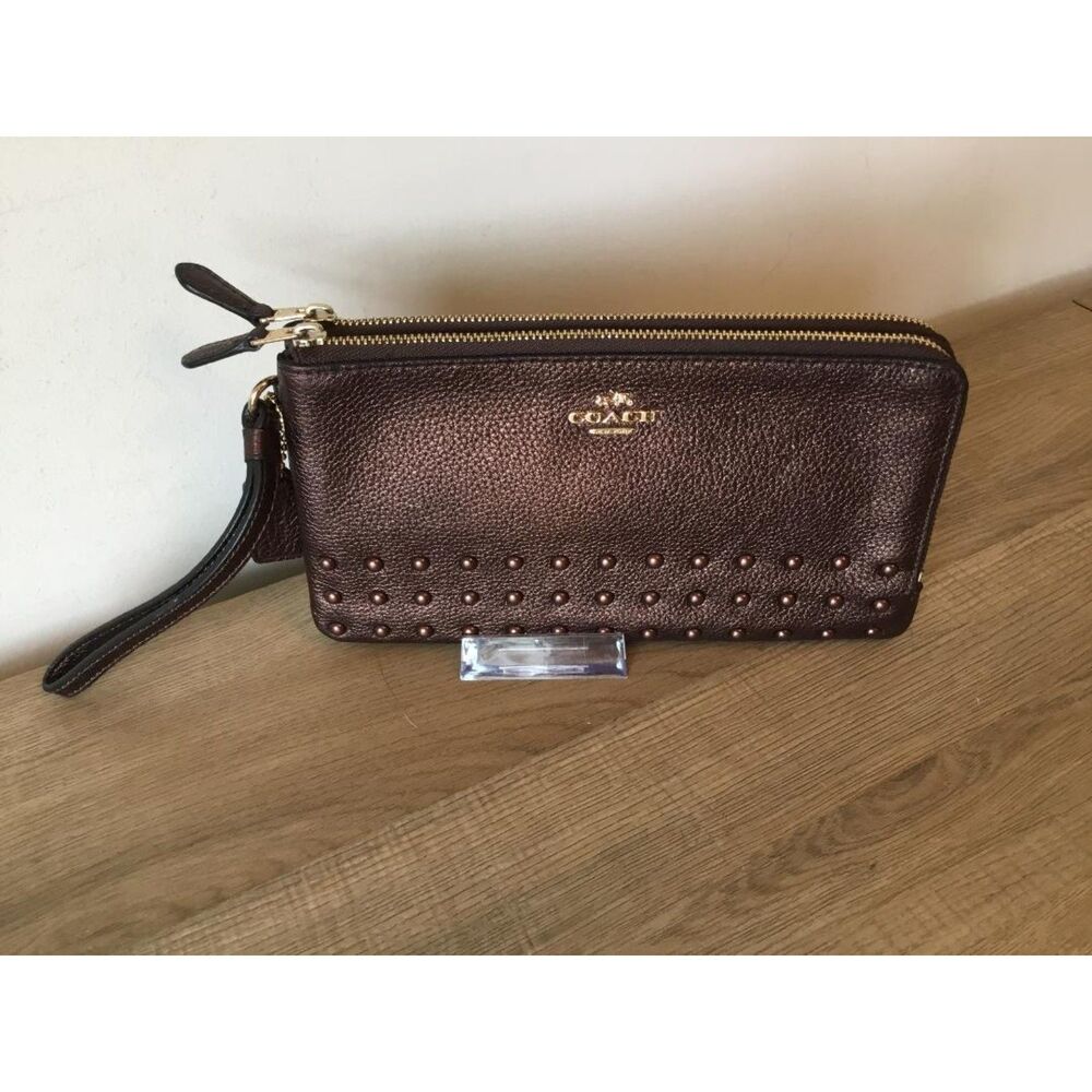 Coach Corner Double Zip Wristlet Wallet w/Lacquer Rivets in Bronze Leather